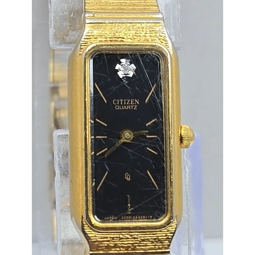 Vintage Womens Citizen Gold Plated Tank Quartz Dainty Dress Watch New Battery